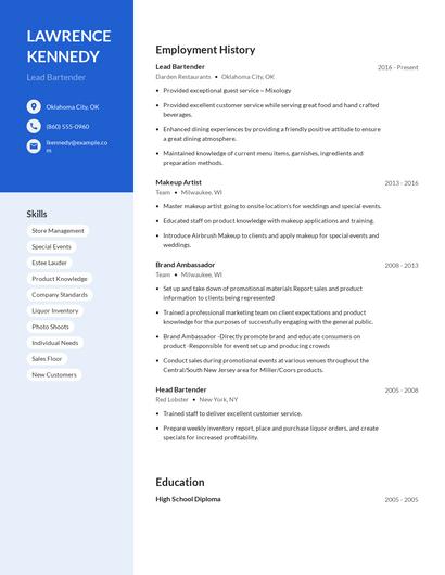 Lead Bartender Resume