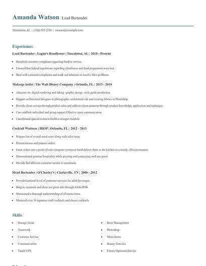 Lead Bartender Resume