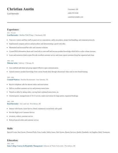 Lead Bartender Resume