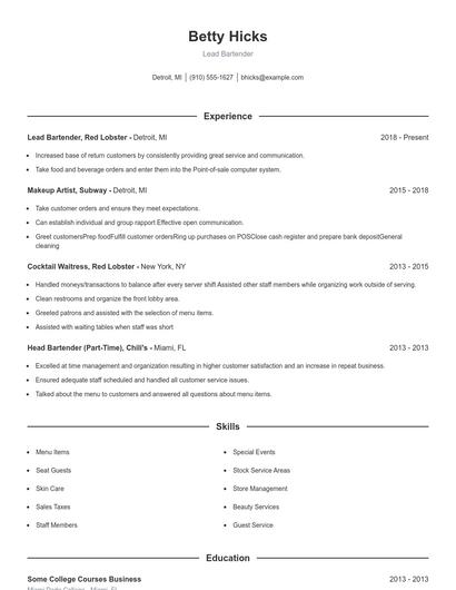 Lead Bartender Resume