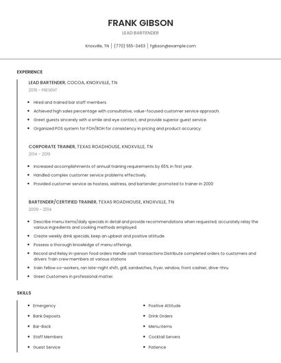 Lead Bartender Resume