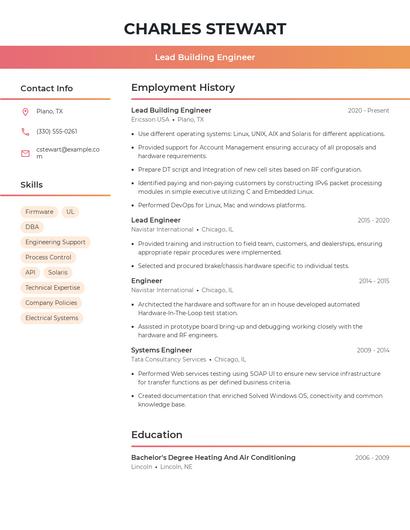 Lead Building Engineer Resume