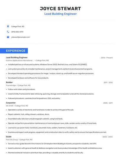 Lead Building Engineer Resume
