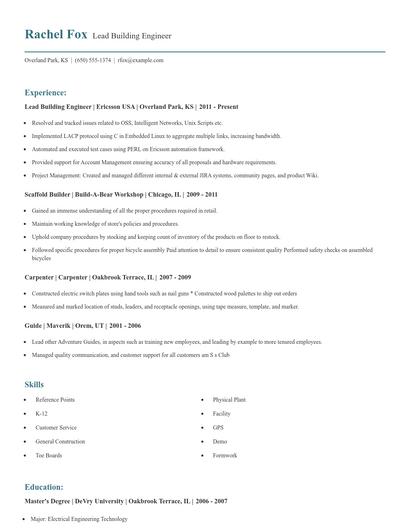Lead Building Engineer Resume