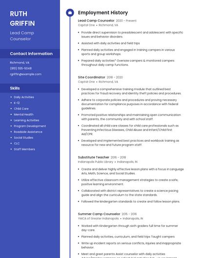 Lead Camp Counselor Resume