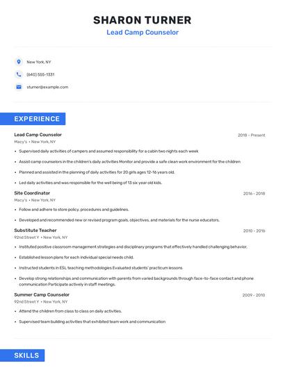 Lead Camp Counselor Resume