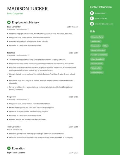 Lead Carpenter Resume