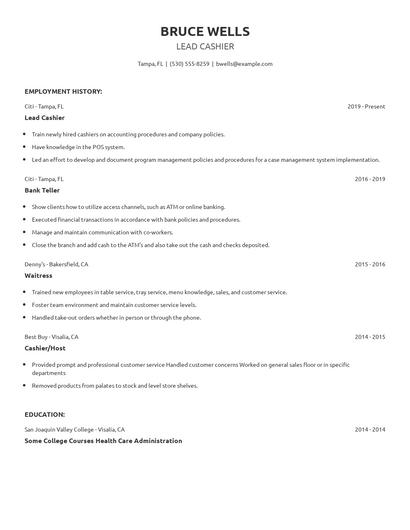 Lead Cashier Resume