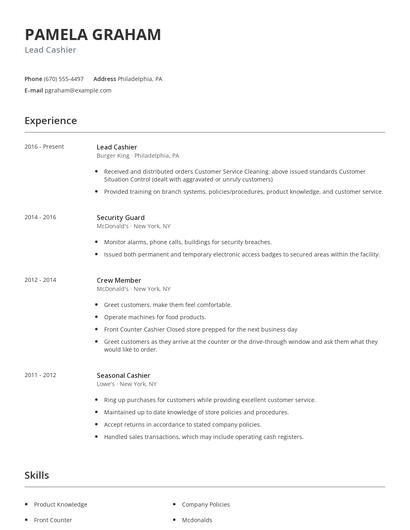 Lead Cashier Resume
