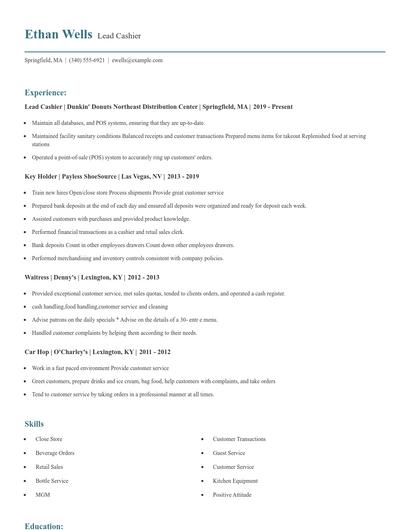 Lead Cashier Resume