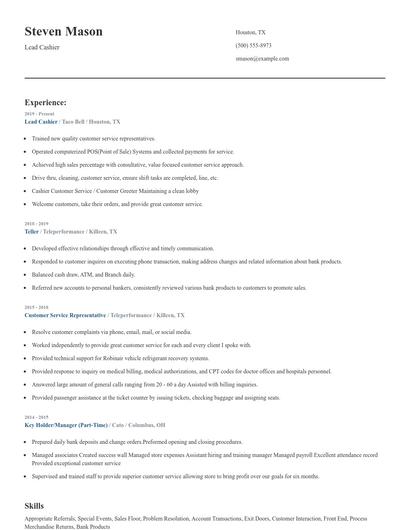 Lead Cashier Resume
