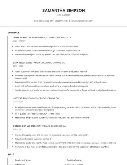 Lead Cashier Resume