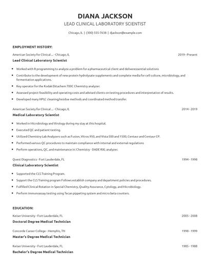 Lead Clinical Laboratory Scientist Resume