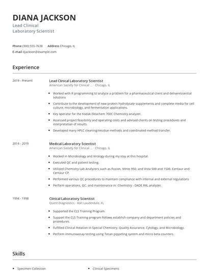 Lead Clinical Laboratory Scientist Resume