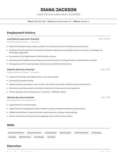 Lead Clinical Laboratory Scientist Resume