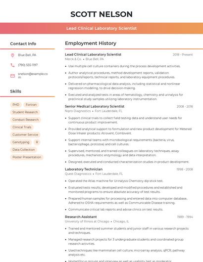 Lead Clinical Laboratory Scientist Resume