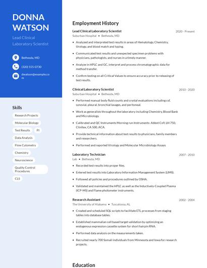 Lead Clinical Laboratory Scientist Resume