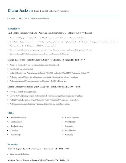 Lead Clinical Laboratory Scientist Resume