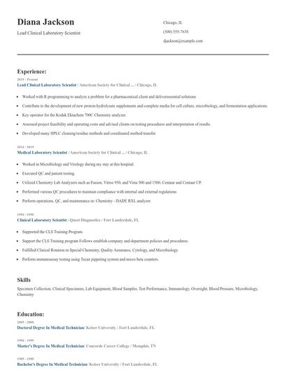 Lead Clinical Laboratory Scientist Resume