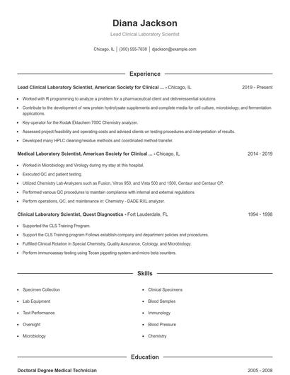 Lead Clinical Laboratory Scientist Resume
