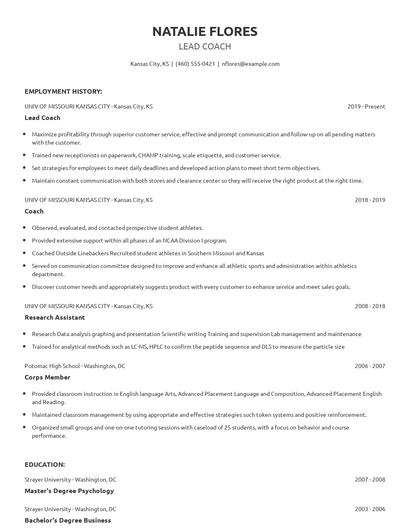 Lead Coach Resume