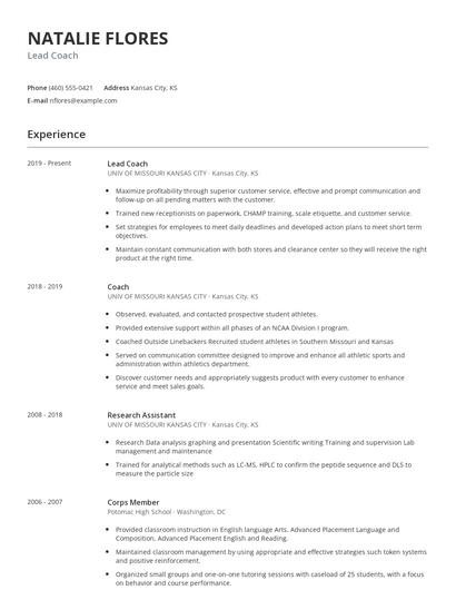 Lead Coach Resume