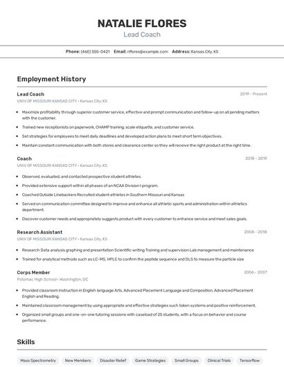 Lead Coach Resume