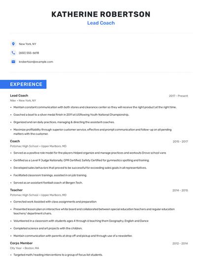 Lead Coach Resume