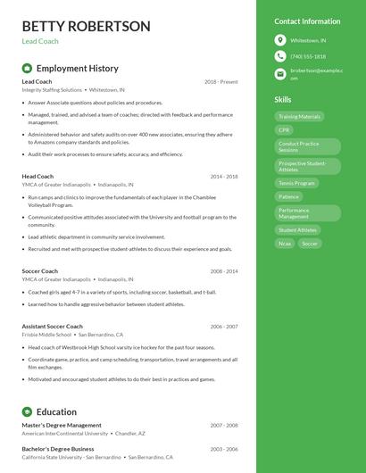 Lead Coach Resume