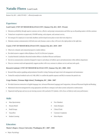 Lead Coach Resume