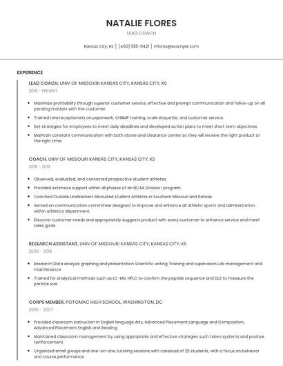 Lead Coach Resume