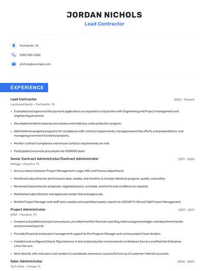 Lead Contractor Resume