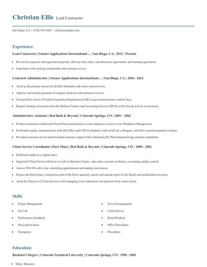 Lead Contractor Resume