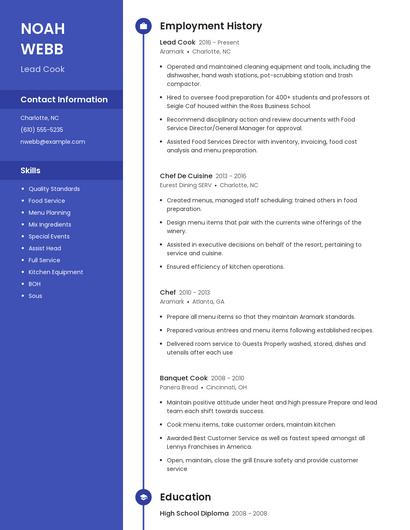 Lead Cook Resume