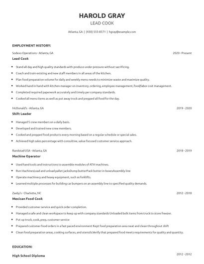 Lead Cook Resume