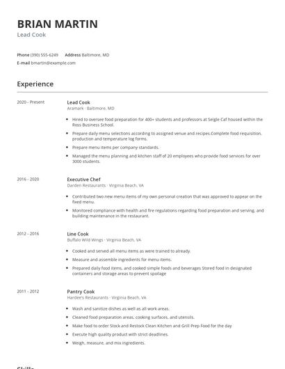 Lead Cook Resume