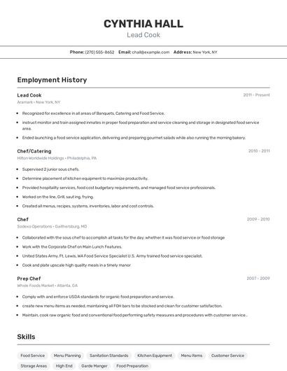 Lead Cook Resume