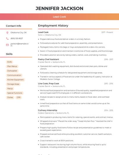 Lead Cook Resume