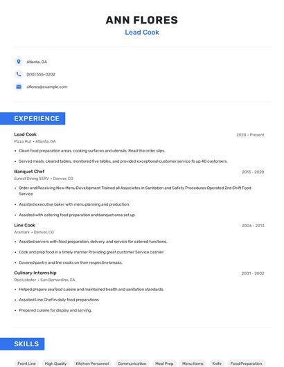 Lead Cook Resume