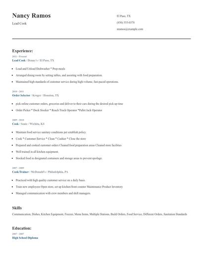 Lead Cook Resume