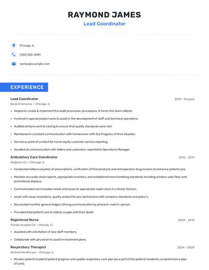 Lead Coordinator Resume