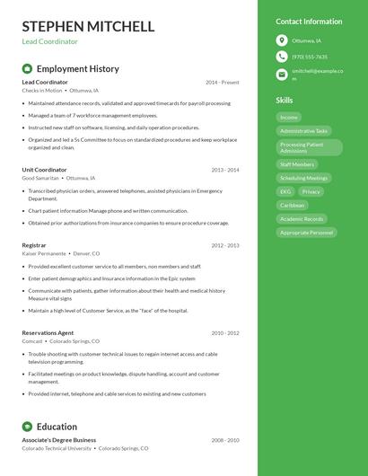 Lead Coordinator Resume