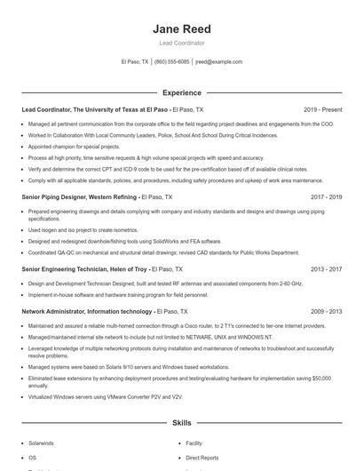 Lead Coordinator Resume