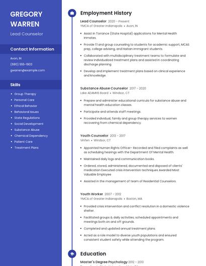 Lead Counselor Resume