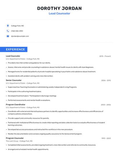 Lead Counselor Resume