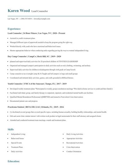 Lead Counselor Resume