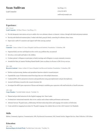 Lead Counselor Resume