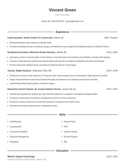 Lead Counselor Resume