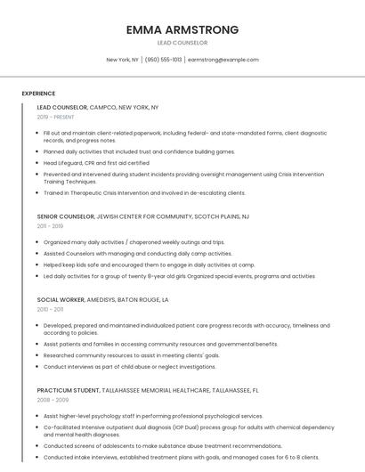Lead Counselor Resume