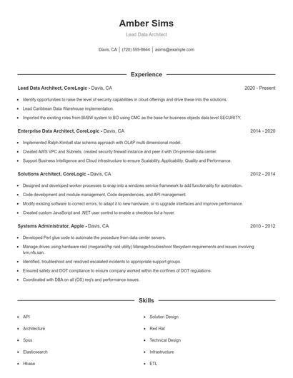 Lead Data Architect Resume